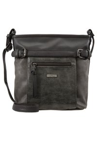 Sac bandoulière en cuir gris avec une finition texturée, une sangle ajustable et une poche zippée à l'avant. Présente une plaque de logo de la marque à l'avant.