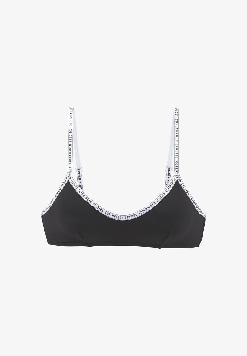 Crni bikini gornji dio s tankim trakama i bijelim brendiranim rubom. Glatka mat tkanina, trokutasti oblik i minimalistički dizajn.