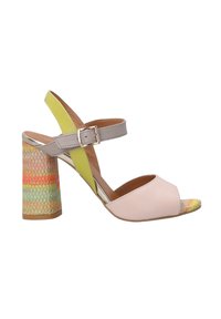 Pink open-toe heeled sandal with yellow and gray straps. Textured multicolor block heel featuring an abstract pattern. Buckle closure on ankle strap.