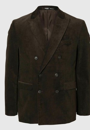 Brun kordflod dubbelknäppt blazer med spetsiga slag, två framfickor och svarta knappar, med vertikala kanter i tygets textur.