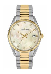 Zweifarbige Edelstahl-Uhr mit einer strukturierten Lünette in Goldakzenten, Zifferblatt aus Perlmutt, Diamant-Markierungen und Datumsanzeige.