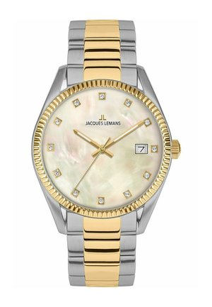 Zweifarbige Edelstahl-Uhr mit einer strukturierten Lünette in Goldakzenten, Zifferblatt aus Perlmutt, Diamant-Markierungen und Datumsanzeige.