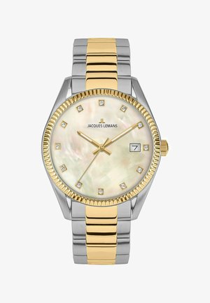 Zweifarbige Edelstahl-Uhr mit einer strukturierten Lünette in Goldakzenten, Zifferblatt aus Perlmutt, Diamant-Markierungen und Datumsanzeige.