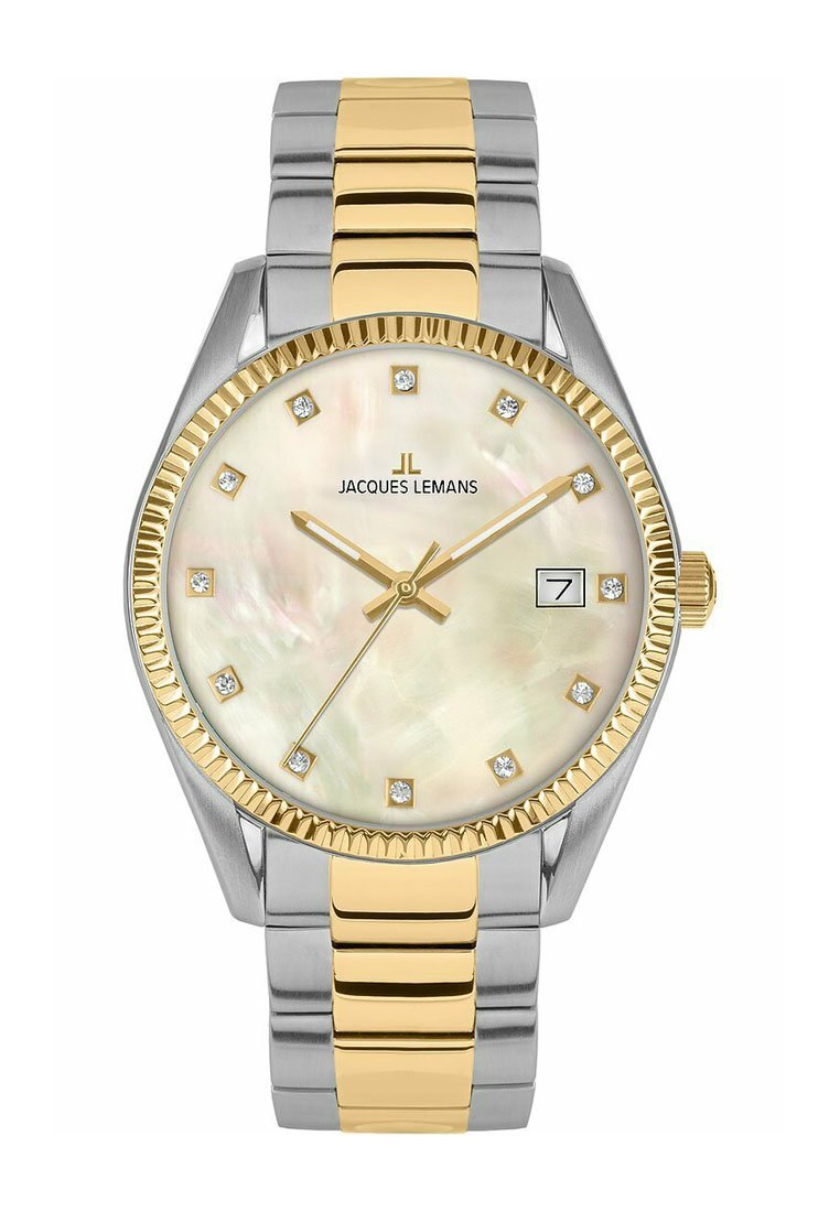 Zweifarbige Edelstahl-Uhr mit einer strukturierten Lünette in Goldakzenten, Zifferblatt aus Perlmutt, Diamant-Markierungen und Datumsanzeige.