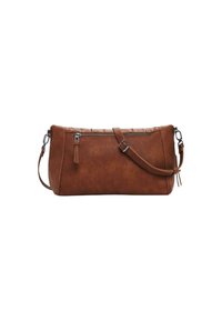 Braune Leder-Crossbody-Tasche mit verstellbarem Tragegurt und vorderer Reißverschlusstasche, vor einem weißen Hintergrund präsentiert.
