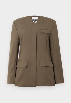 Brown tailored blazer with a round neckline, front closure, single chest pocket, and two front flap pockets. Smooth fabric with clean lines.