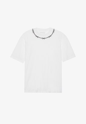 White cotton t-shirt featuring a black barbed wire embroidery around the neckline. Short sleeves and a relaxed fit design.