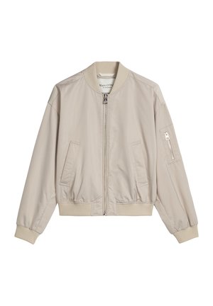 Light beige bomber jacket with ribbed collar, cuffs, and hem, front zipper, two side pockets, and zippered pocket on left sleeve.