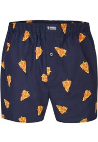 Pantaloni corto blu navy con un motivo a fette di pizza in giallo, rosso e marrone. Vita elastica con chiusura a bottone. Tessuto dalla superficie liscia.
