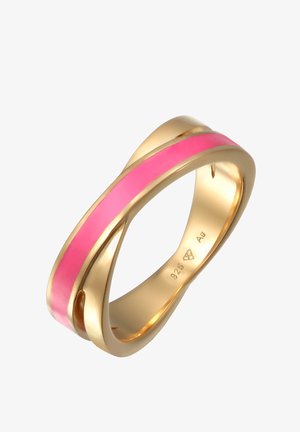 Kuldsõrmus keerduva disainiga, millel on sile roosa emailikate. Sisemisel ribal on märge "925", mis näitab hõbedasisaldust.