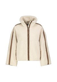 Cremfarbener Fleece-Jacke mit hohem Kragen, langen Ärmeln, zwei Vorderfächern und braunen Seitenstreifen; strukturierte Oberfläche mit einem Reißverschluss.