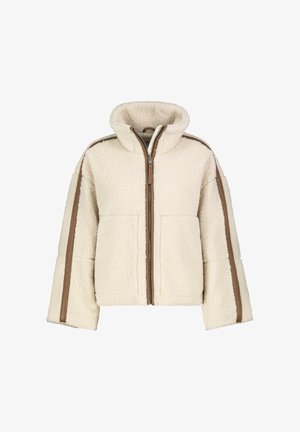 Cremfarbener Fleece-Jacke mit hohem Kragen, langen Ärmeln, zwei Vorderfächern und braunen Seitenstreifen; strukturierte Oberfläche mit einem Reißverschluss.