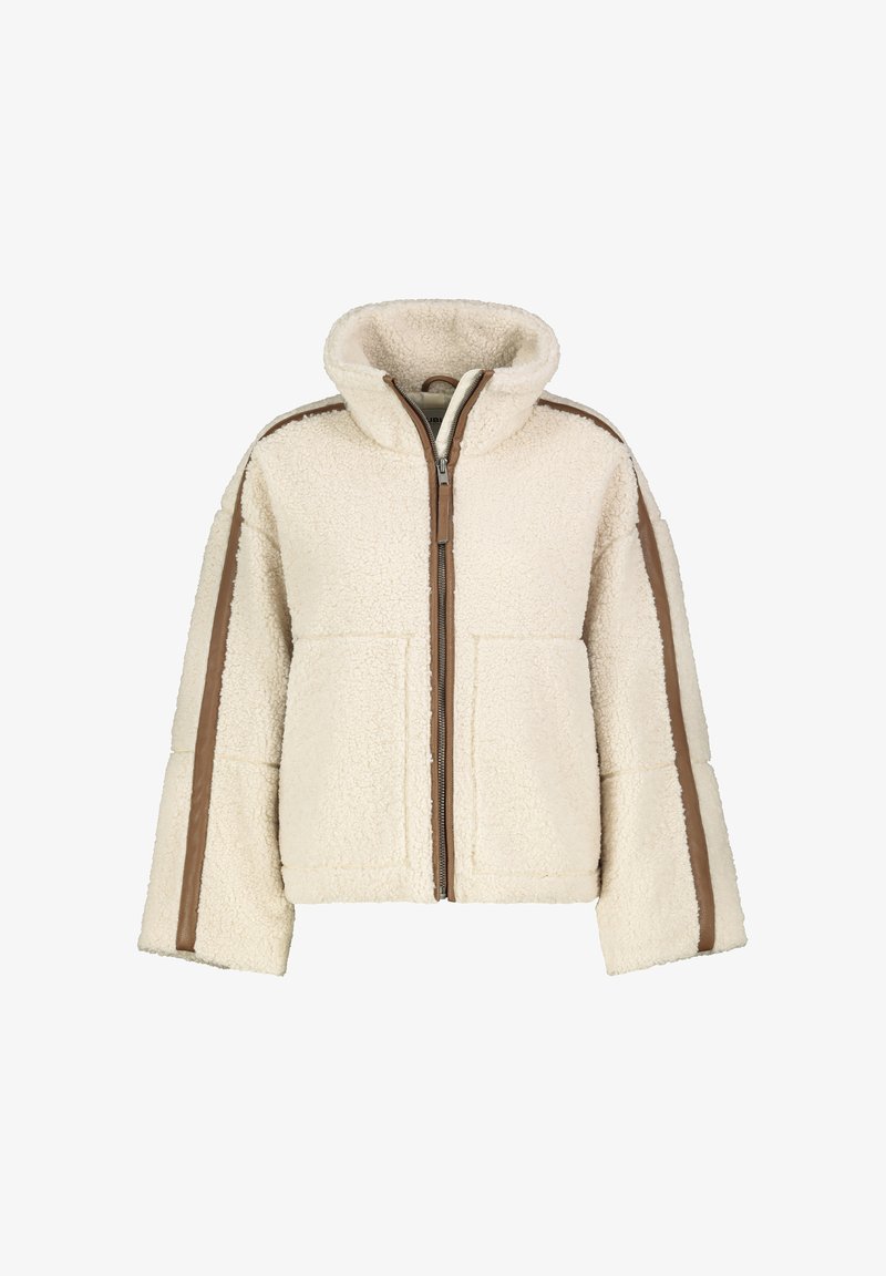 Cremfarbener Fleece-Jacke mit hohem Kragen, langen Ärmeln, zwei Vorderfächern und braunen Seitenstreifen; strukturierte Oberfläche mit einem Reißverschluss.