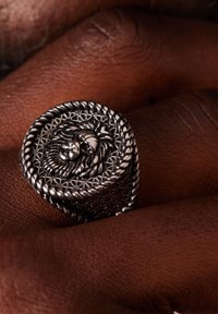Zilveren ring in de vorm van een leeuwenkop met een verfijnd filigraanontwerp en een gedraaide rand. Getextureerd oppervlak, opvallende details, geplaatst op een donkerhuidige hand.