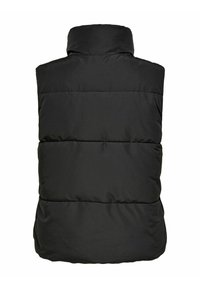 Gilet noir rembourré avec un col haut, un design matelassé et une texture mate. La vue de dos montre des panneaux cousus pour un style supplémentaire.