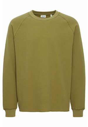 Sweatshirt olive vert à manches longues, fabriqué en tissu en maille texturée, dispose d'un col rond et de poignets côtelés, avec un design à coupe ample.