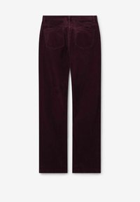 Pantalons en velours côtelé droit de couleur violet foncé avec deux poches arrière et des passants de ceinture, présentés de dos sur un fond blanc.