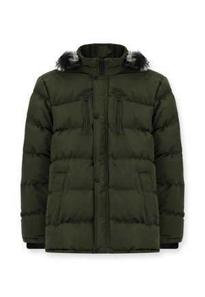 Giubbotto puffa verde con colletto alto, frontale con cerniera, due tasche sul petto con cerniera e due tasche laterali. Presenta ferramenta nera e finiture in pelliccia sintetica.