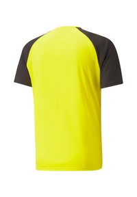 Korte mouw shirt met een heldere gele body en donkerbruine raglan mouwen, gemaakt van lichte stof met een soepele textuur.