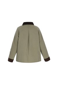 Olivgrüne Jacke mit einem braunen Cordkragen und -ärmeln. Hat einen lockeren Schnitt, lange Ärmel und einen mittigen Rückenfalte.