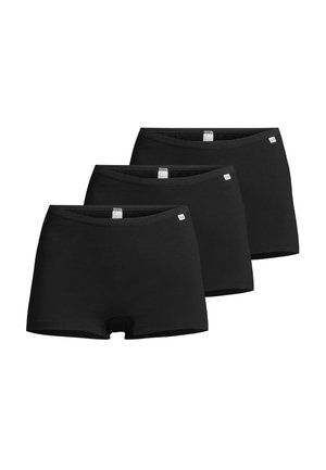 Drei schwarze nahtlose Jungen-Slips im Boyshort-Stil, in einer versetzten Reihe auf weißem Hintergrund angeordnet.