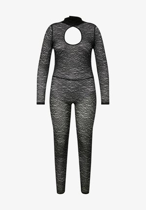 Black lace bodysuit with long sleeves, high neck, and a circular cut-out at the chest. Features a fitted design and floral lace pattern.