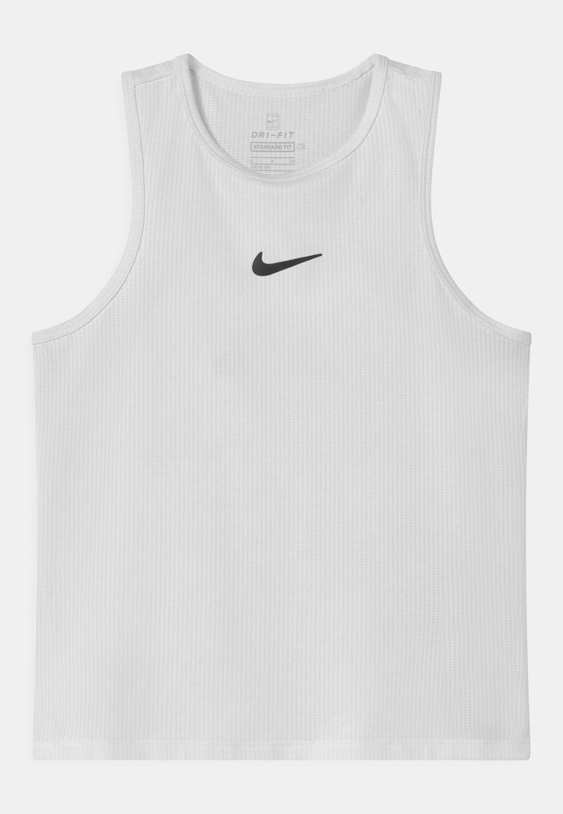 Hvit atletisk tank topp i ribbestrikket tekstur, med en svart Nike-logo sentrert på brystet. Standard passform, med rund hals.