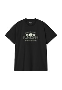 Czarna bawełniana koszulka z nadrukiem na przodzie z tekstem "SOUNDS OF DETROIT" oraz "CARHARTT WORK IN PROGRESS", ozdobiona elementami dekoracyjnymi.