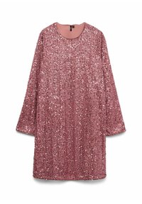 Lyserød palietkjole med lange ærmer og rund halsudskæring. Har en struktureret overflade med reflekterende palietter over hele og en lynlås bagpå.