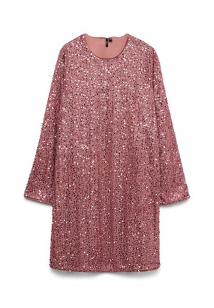 Rožinės spalvos suknelė su ilgomis rankovėmis ir apvalia iškirpte, padengta blizgančiomis siūlėmis su atspindinčiais blizgučiais visame paviršiuje, gale yra užtrauktukas.