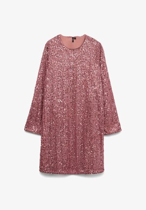 Vaaleanpunainen paljettimekko, jossa on pitkät hihat ja pyöreä kaula-aukko. Mekossa on teksturoitu pinta, jossa kiiltäviä paljetteja kauttaaltaan, ja takana on vetoketju.