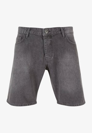 Tummanharmaat farkkushortsit suoran muotoilun kanssa, etutaskut ja etupainonappikiinnitys. Sisältää hienovaraista tekstuuria ja ylhäältä ommeltuja yksityiskohtia.