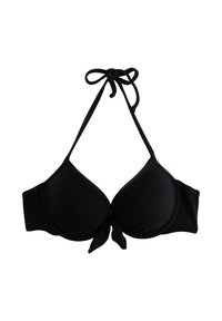 Top di bikini nero con coppe triangolari imbottite, lacci regolabili al collo e sulla schiena, tessuto testurizzato e dettaglio con nodo centrale.