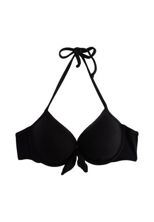 Top di bikini nero con coppe triangolari imbottite, lacci regolabili al collo e sulla schiena, tessuto testurizzato e dettaglio con nodo centrale.