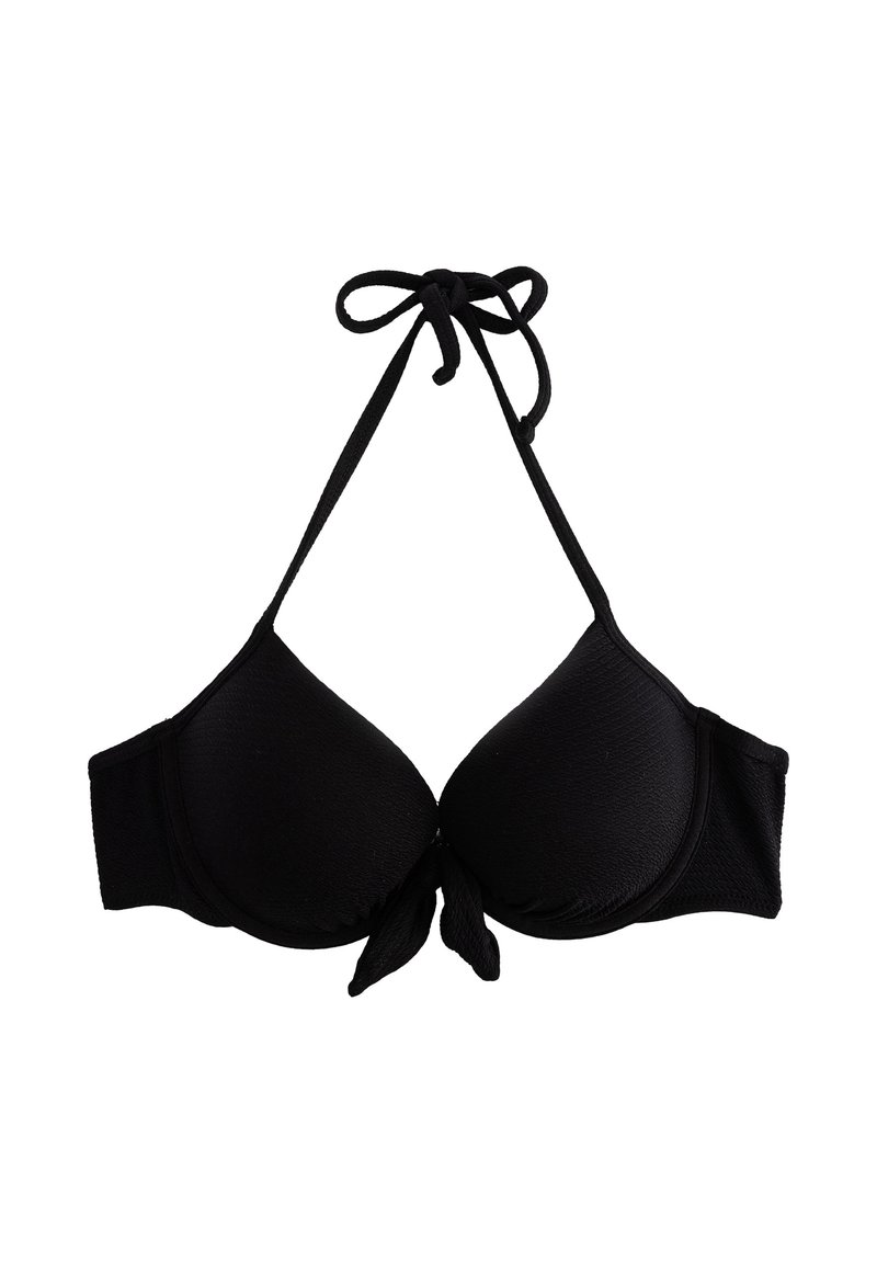 Top di bikini nero con coppe triangolari imbottite, lacci regolabili al collo e sulla schiena, tessuto testurizzato e dettaglio con nodo centrale.