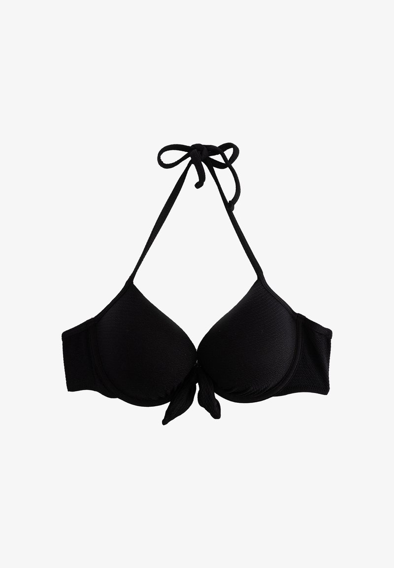 Top de bikini negro con copas triangulares acolchadas, lazos ajustables en el cuello y la espalda, tejido texturizado y detalle de nudo en el centro.