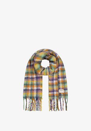 Gemusterter Schal aus weichem Material in vielen Farben, mit gelben, grünen, lila und weißen Quadraten sowie Fransen an den Rändern. Markenlabel sichtbar.