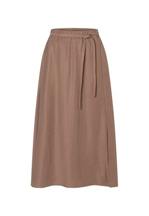 Jupe midi portefeuille marron avec taille élastique et longue ceinture à nouer, texture lisse, silhouette en A, fente sur un côté.