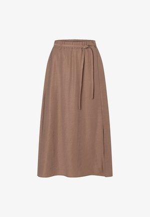 Brown midi wrap skirt with elastic waistband and long tie belt, smooth texture, A-line silhouette, slit on one side.