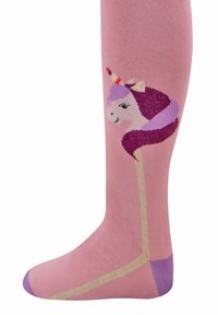 Różowe skarpetki sięgające do kolan z motywem jednorożca w kolorze fioletowym, z złotym akcentem i jasnofioletowym palcem, wykonane z miękkiego materiału.