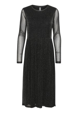 Vestido negro de manga larga hecho de un material transparente y brillante. Cuerpo ajustado con falda acampanada, cuello redondo y diseño minimalista.