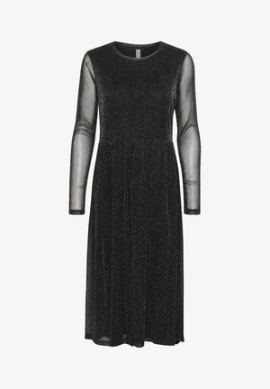 Vestido negro de manga larga hecho de un material transparente y brillante. Cuerpo ajustado con falda acampanada, cuello redondo y diseño minimalista.