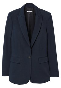 Námořnický sako na míru s klopovým límcem, jedním knoflíkem, dvěma předními kapsami a hladkou texturou. Podšívka s minimalistickým designem.