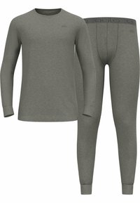 Long-sleeve shirt and leggings set in heather gray, made of soft fabric, featuring ribbed cuffs and a branded waistband on the leggings.