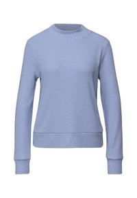 Jasnoniebieski prążkowany sweter z wysokim kołnierzem, długimi rękawami i dopasowanym dołem. Tekstura jest gładka z delikatnym, równomiernym wzorem.