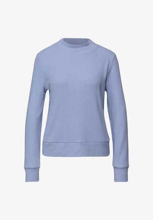 Jersey azul claro acanalado que presenta un cuello alto, mangas largas y un dobladillo ajustado. La textura es suave con un patrón sutil y uniforme.