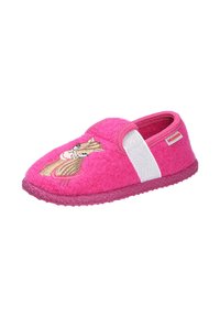 Roze vilten pantoffel met geborduurd dierenontwerp aan de voorkant, elastische band voor gemakkelijke aanstoel en een getextureerde rubberen zool voor grip.