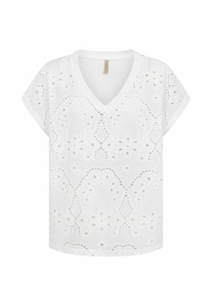 Valge lühikeste varrukatega V-kaelusega pluus, millel on tikitud auguaukude pitsmuster ja lainelised servad ühtlasel taustal.