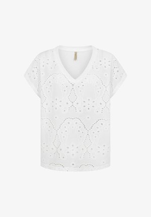 Blouse blanche à manches courtes avec col en V, motif en dentelle œillets brodée et bords festonnés sur un fond uni.