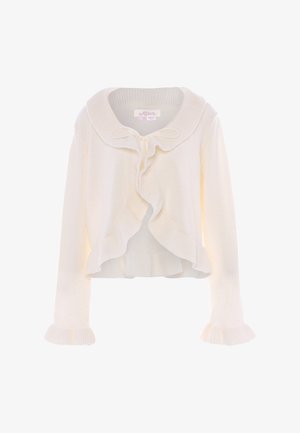 Weißer, kurzer Cardigan aus weichem Strickstoff, mit einem volantrigen Kragen, einer Vorderbandverschluss und volantrigen Ärmelbündchen.